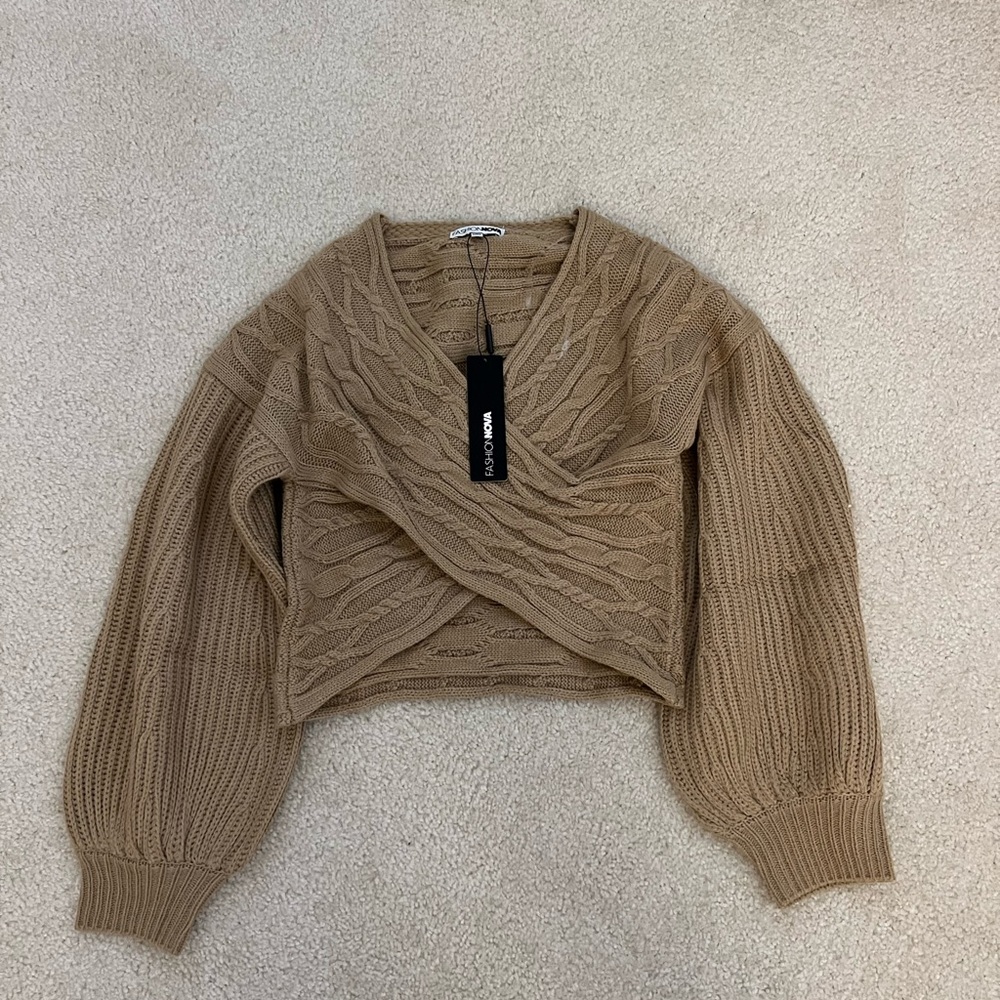 Tan V-Neck Sweater with Ribbed Texture